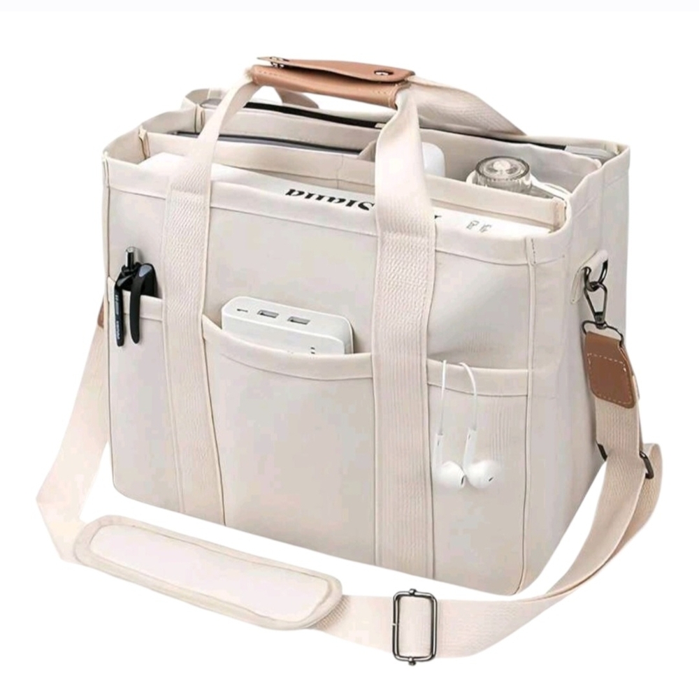 Stylish Cream Tote Bag with Multiple Pockets